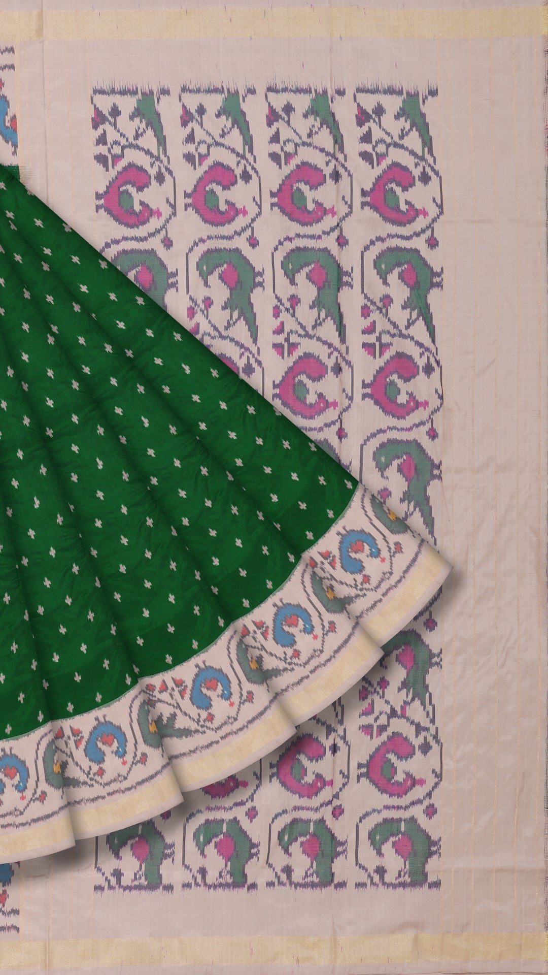 Bottle Green Ikkat Silk Saree with Matte Beige Paithani Border