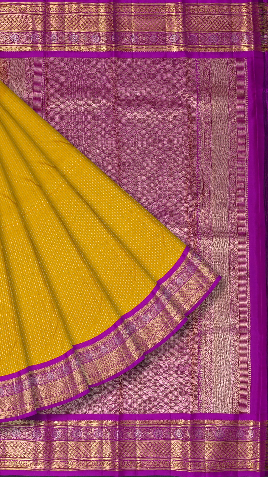 Yellow Kanchi Pattu Saree with Purple Zari Border
