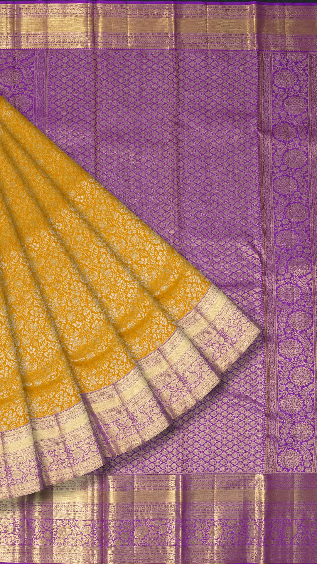 Yellow Kanchi Pattu Saree with Purple Zari Border