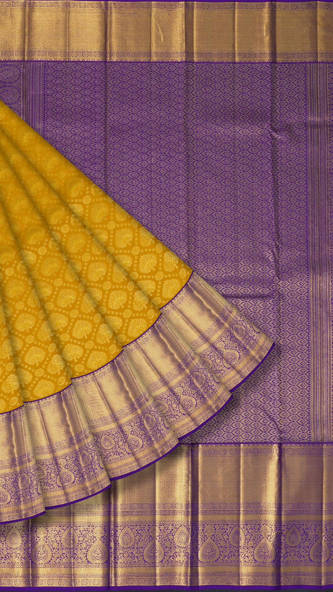 Mustard Yellow Kanchi Pattu Saree with Blue Zari Border