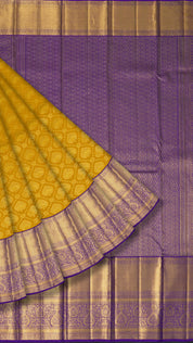 Mustard Yellow Kanchi Pattu Saree with Blue Zari Border