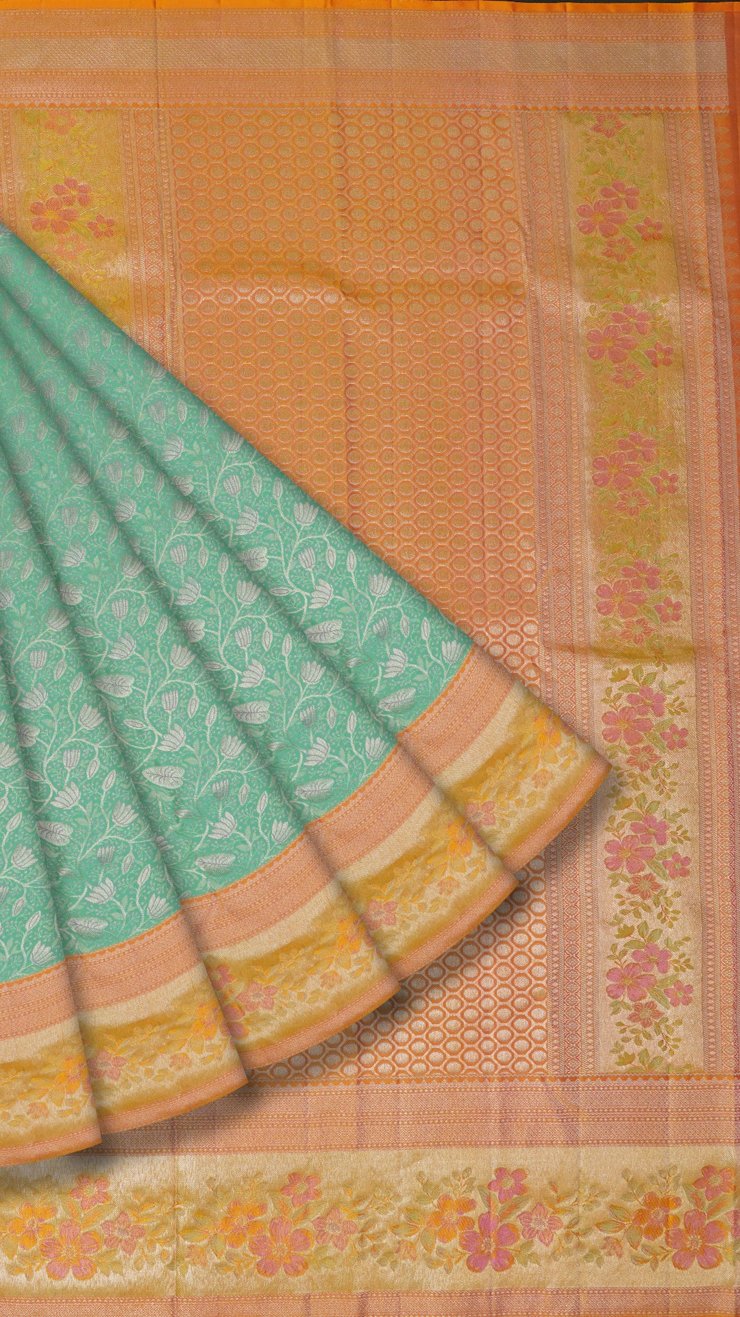 Powder Blue Kanchi Pattu Saree with Peach Zari Border