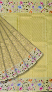 Beige Kanchi Pattu Saree with Baby Yellow Floral Border