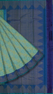 Aqua Blue Kanchi Pattu Saree with Temple Border