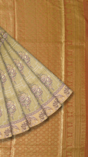 Snuff Kanchi Pattu Saree with Orange Tissue Elephant Border