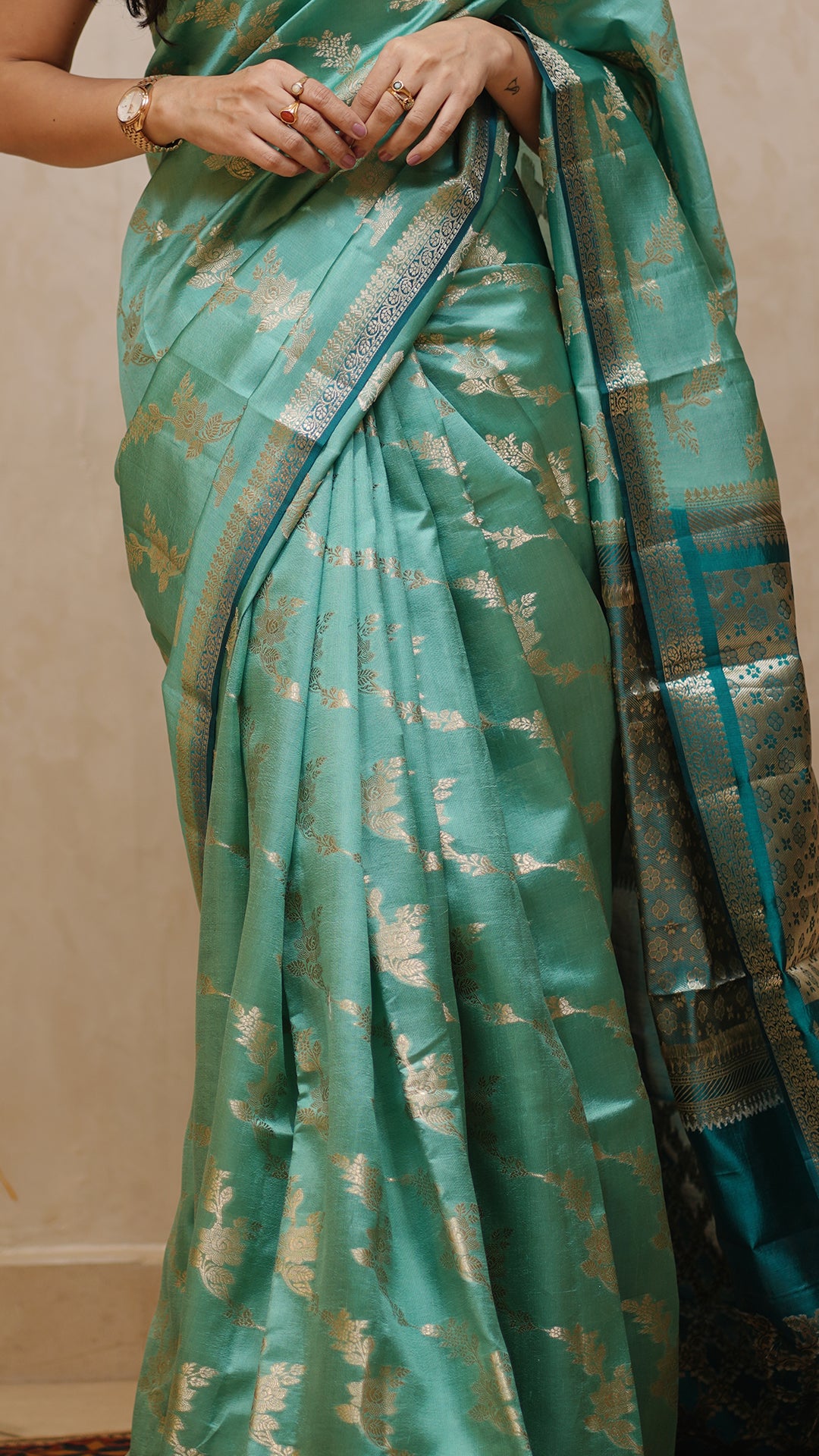 Aqua Blue Chiniya Silk Saree with Peacock Blue Contrast