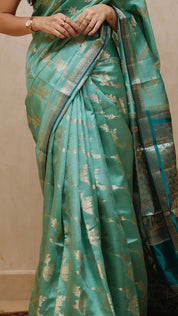 Aqua Blue Chiniya Silk Saree with Peacock Blue Contrast
