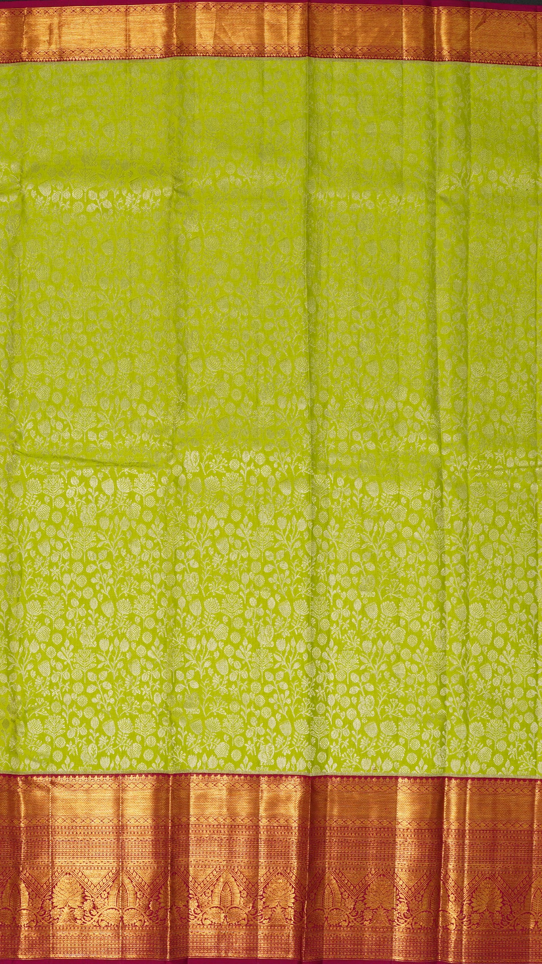 Lime Green Kanchi Pattu Saree with Maroon Zari Border