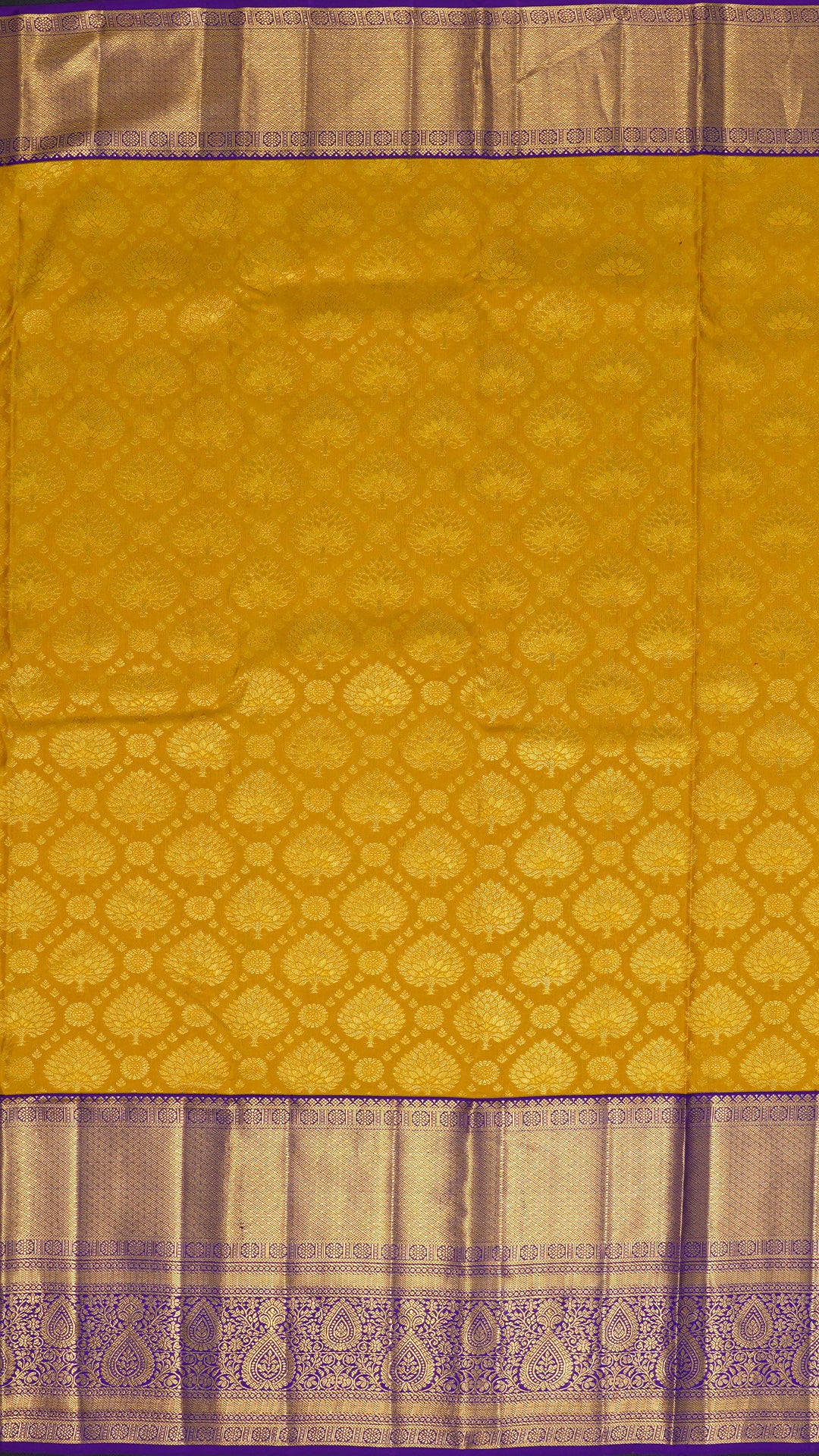 Mustard Yellow Kanchi Pattu Saree with Blue Zari Border