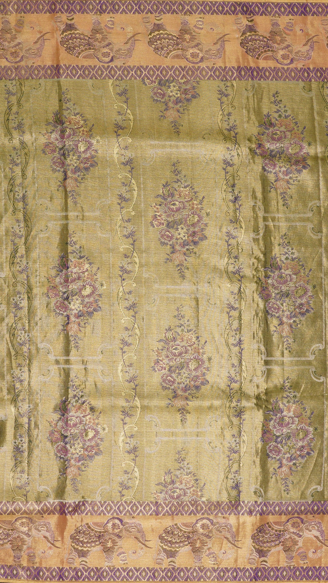 Snuff Kanchi Pattu Saree with Orange Tissue Elephant Border