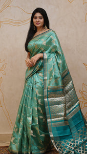 Aqua Blue Chiniya Silk Saree with Peacock Blue Contrast