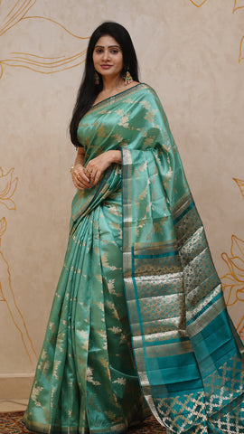 Aqua Blue Chiniya Silk Saree with Peacock Blue Contrast