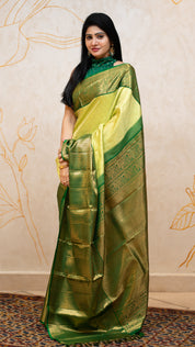 Pista Green Kanchi Pattu Saree with Bottle Green Zari Border