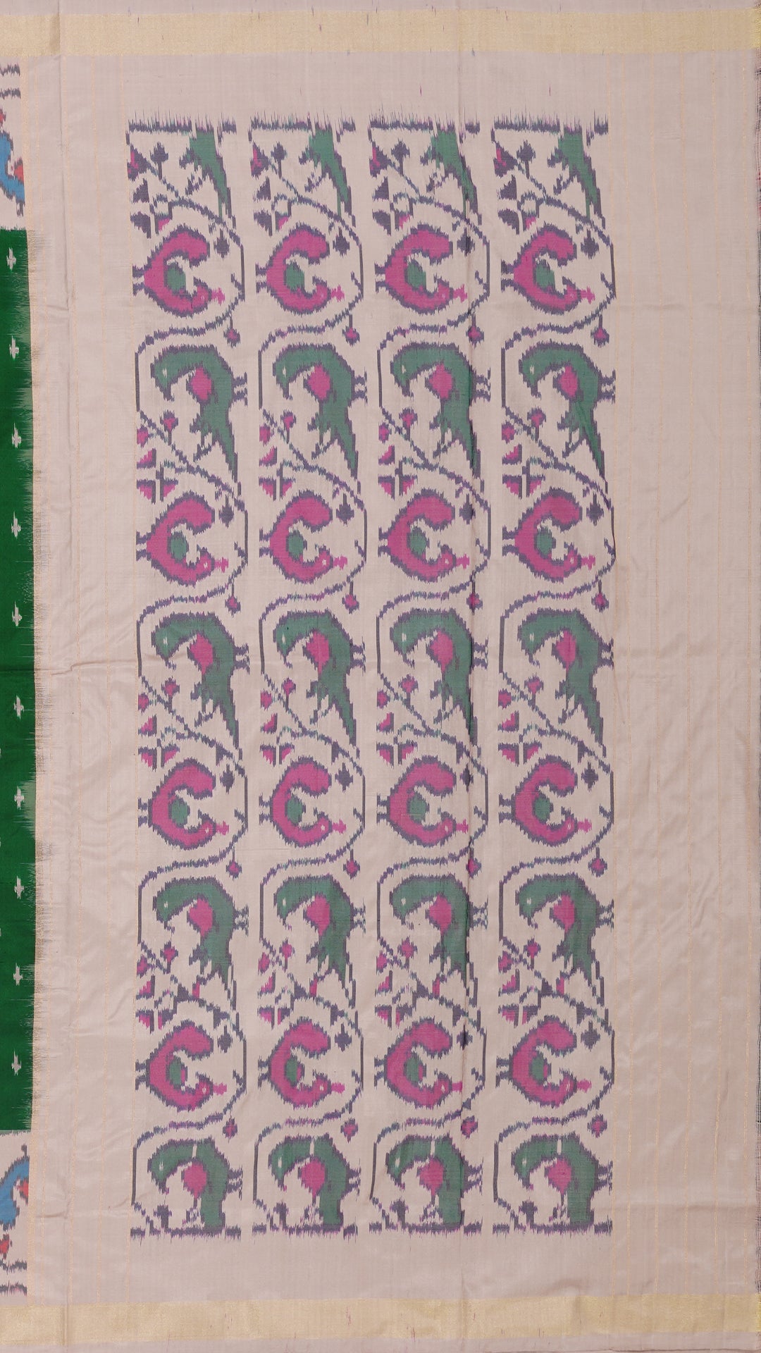 Bottle Green Ikkat Silk Saree with Matte Beige Paithani Border