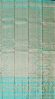 Peach Kanchi Pattu Saree with Blue Floral Zari Border