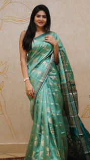 Aqua Blue Chiniya Silk Saree with Peacock Blue Contrast
