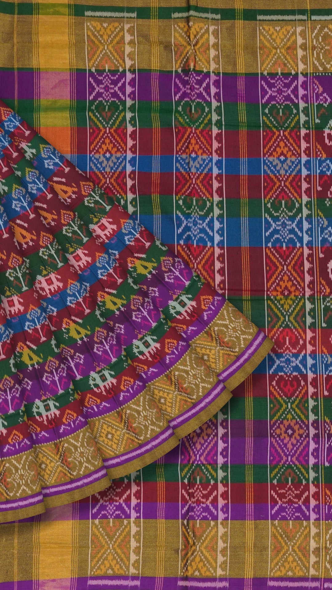 Multi-Color Patola Silk Saree with Medium Green Contrast Zari Border
