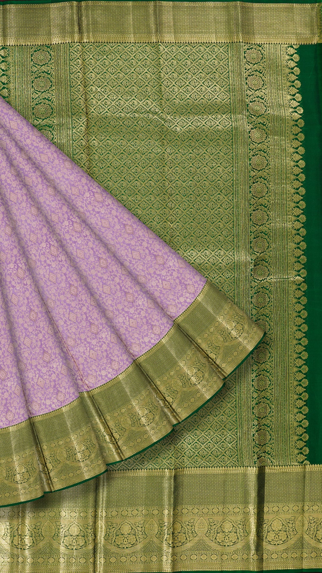 Lavender and Dark Green Kanchipuram Silk Saree with Gold Zari Border | Big Border Traditional Saree
