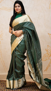 Bottle Green Kanchi Pattu Saree with Thread Work Border