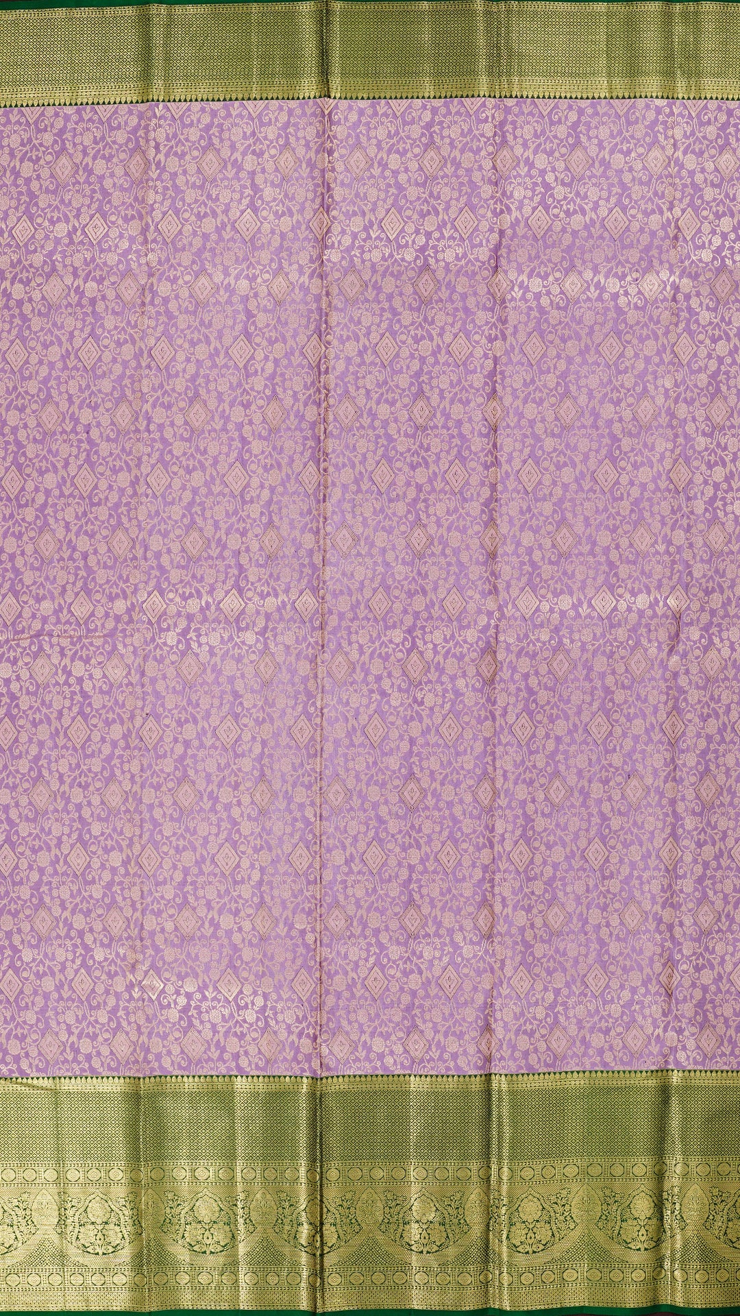 Lavender and Dark Green Kanchipuram Silk Saree with Gold Zari Border | Big Border Traditional Saree