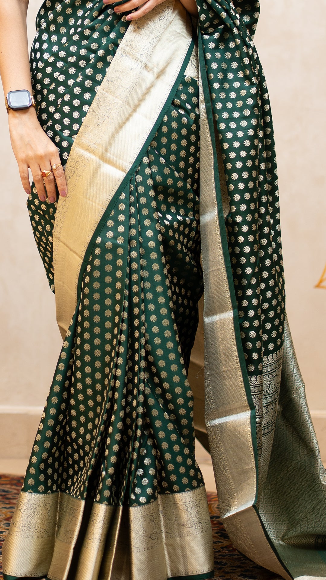 Bottle Green Kanchi Pattu Saree with Thread Work Border
