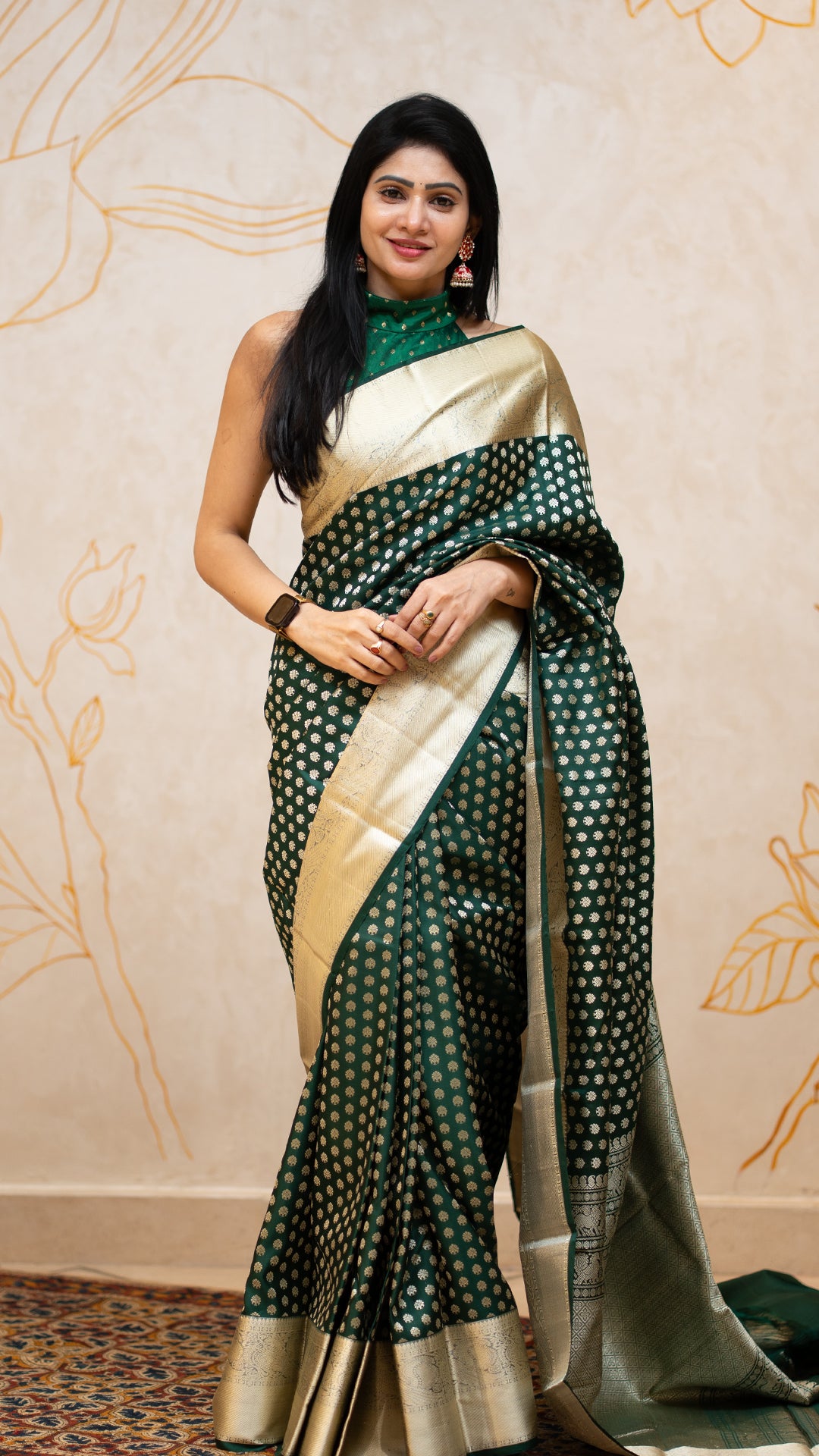 Bottle Green Kanchi Pattu Saree with Thread Work Border