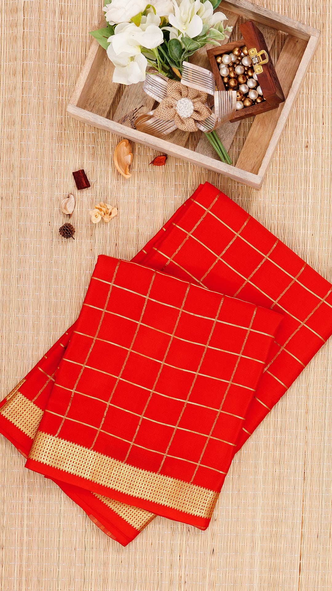 Red Crepe Saree with Self-Plain Body and Zari
