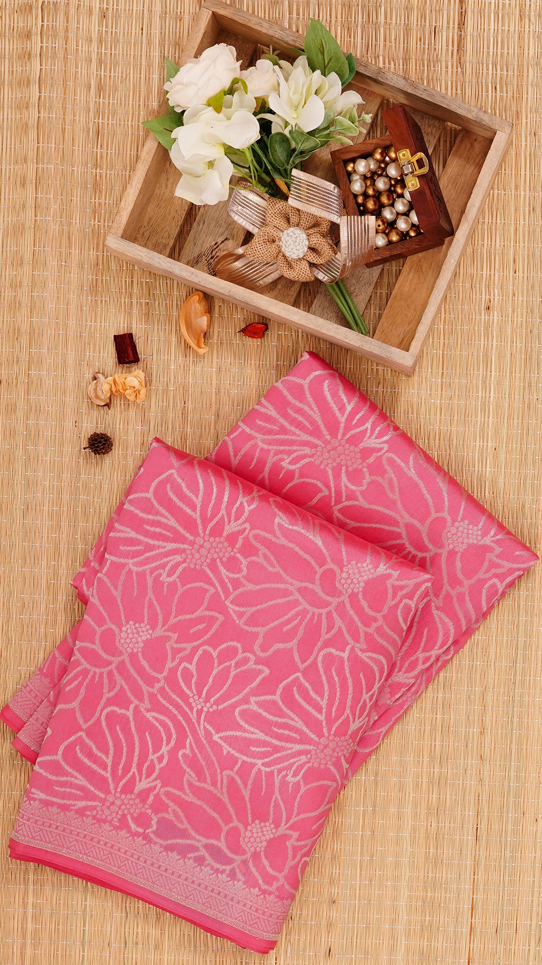 Baby Pink Banaras Saree with Silver Zari Border