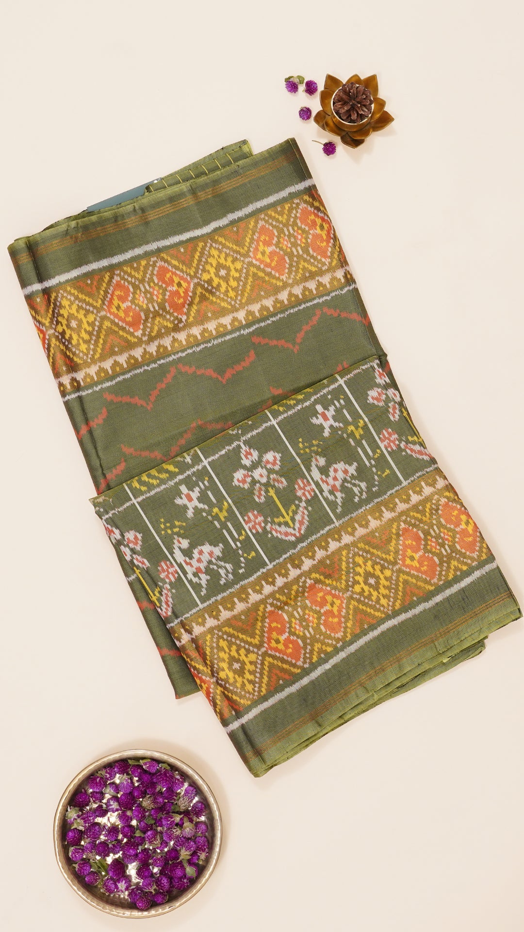 Olive Green Patola Silk Saree with Large Gold Contrast Zari Border