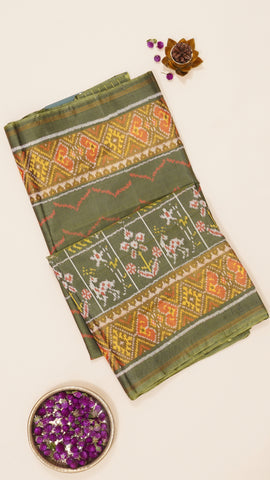 Olive Green Patola Silk Saree with Large Gold Contrast Zari Border