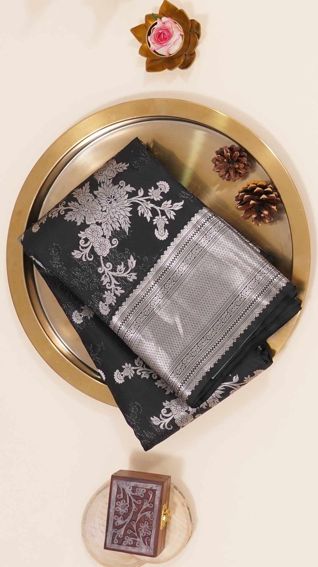 Black Kanchi Pattu Silk Saree with Medium Silver Self Zari Border