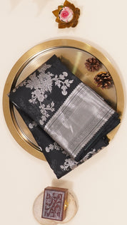 Black Kanchi Pattu Silk Saree with Medium Silver Self Zari Border