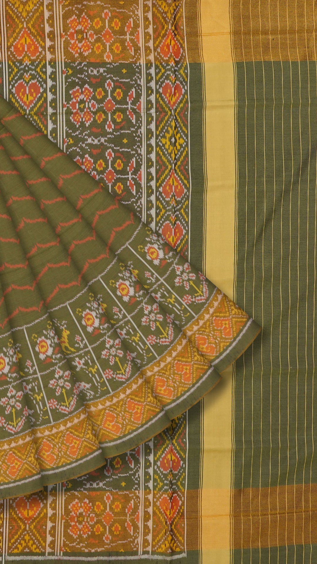 Olive Green Patola Silk Saree with Large Gold Contrast Zari Border