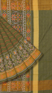 Olive Green Patola Silk Saree with Large Gold Contrast Zari Border