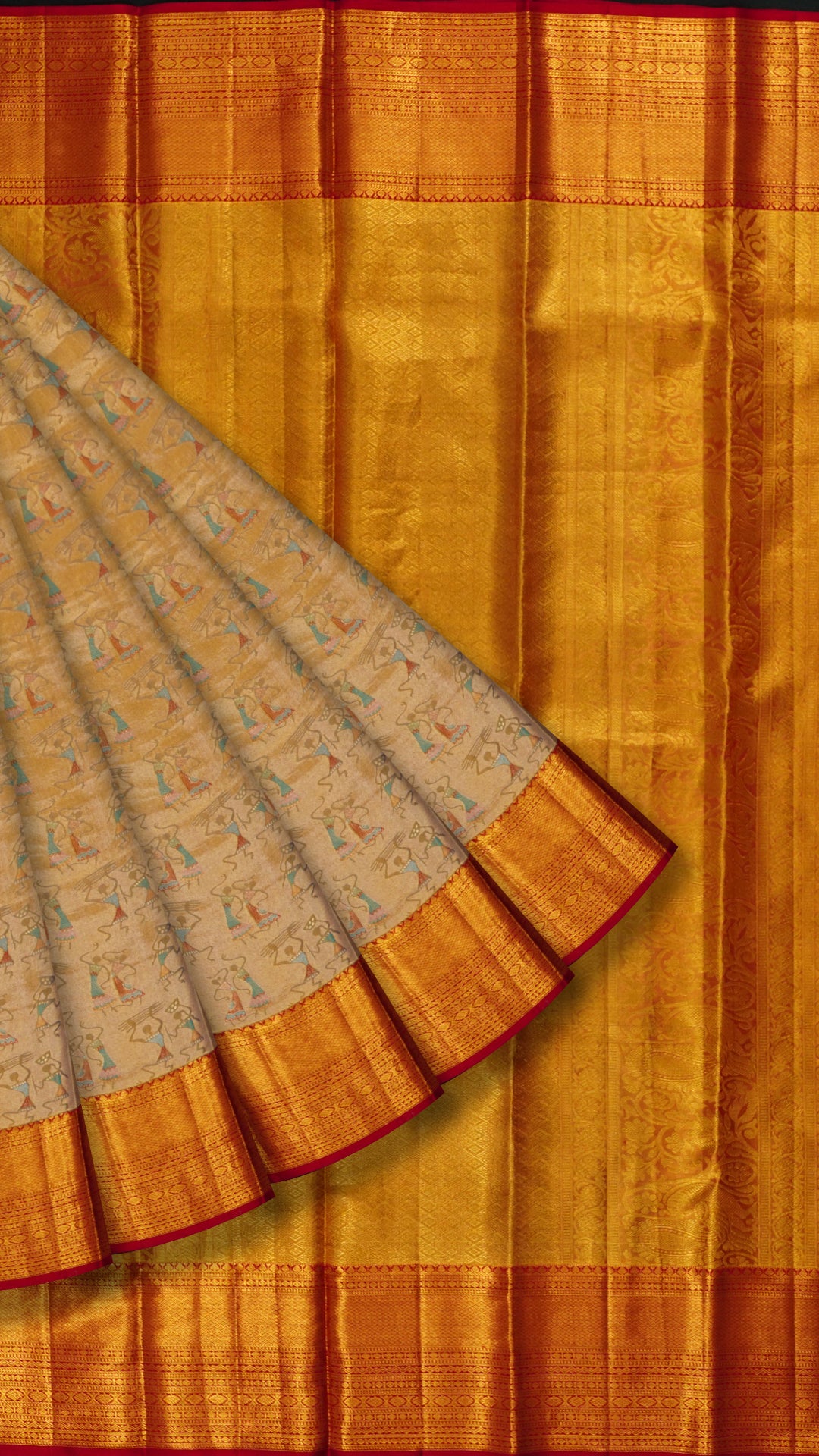 Golden Kanchi Pattu Saree with Intricate Warli Art Design