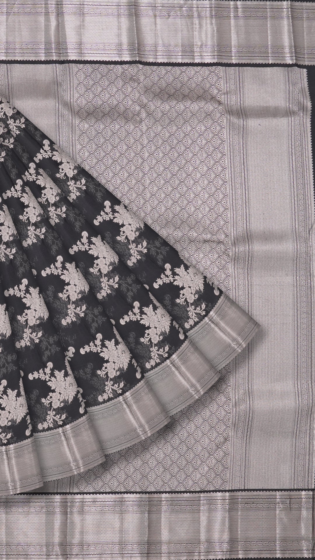 Black Kanchi Pattu Silk Saree with Medium Silver Self Zari Border
