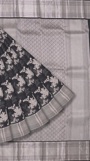 Black Kanchi Pattu Silk Saree with Medium Silver Self Zari Border