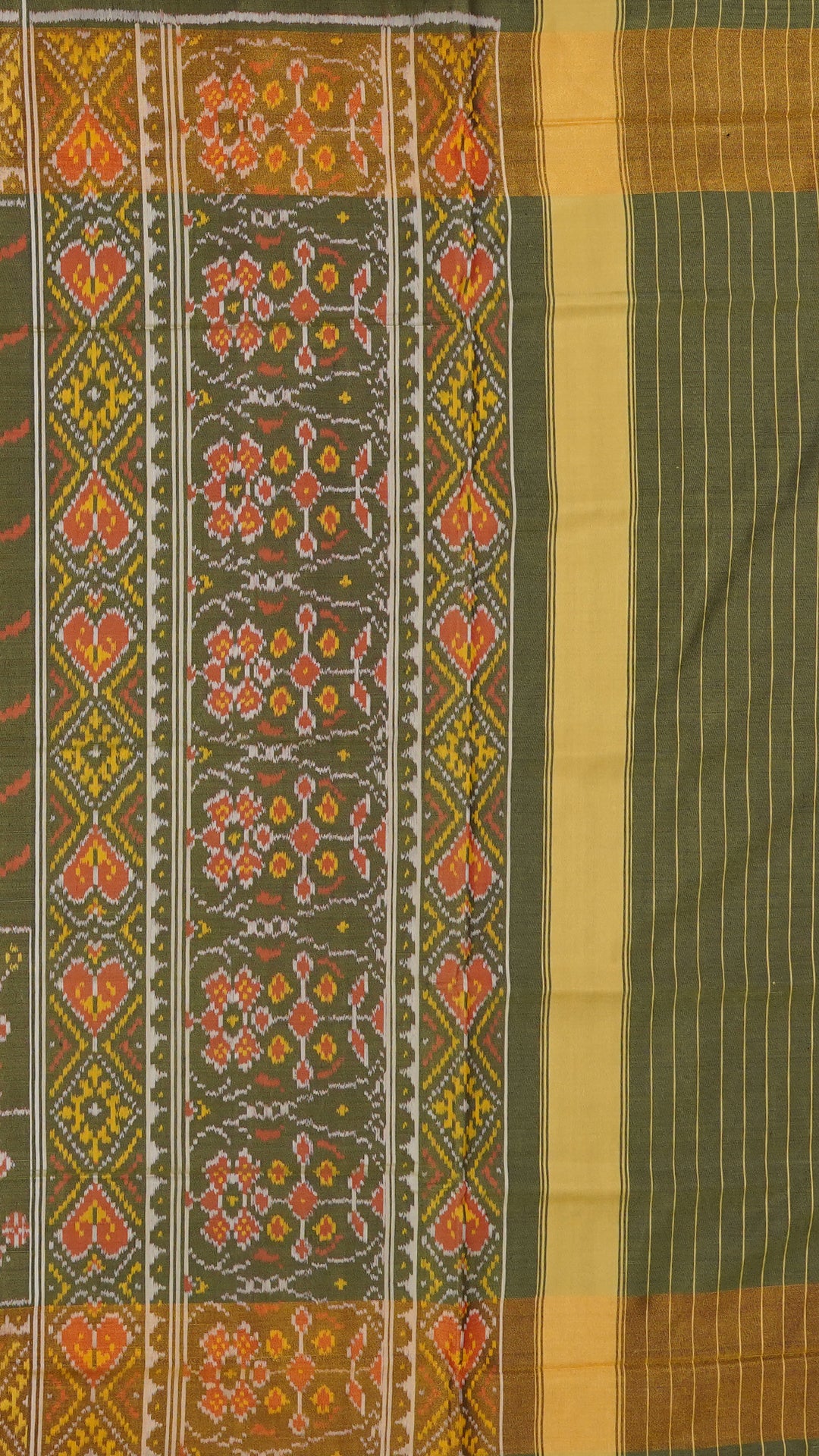Olive Green Patola Silk Saree with Large Gold Contrast Zari Border