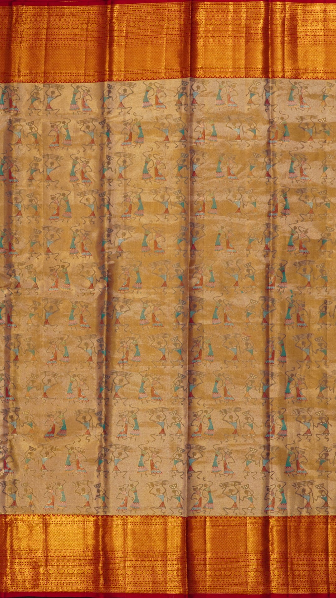 Golden Kanchi Pattu Saree with Intricate Warli Art Design