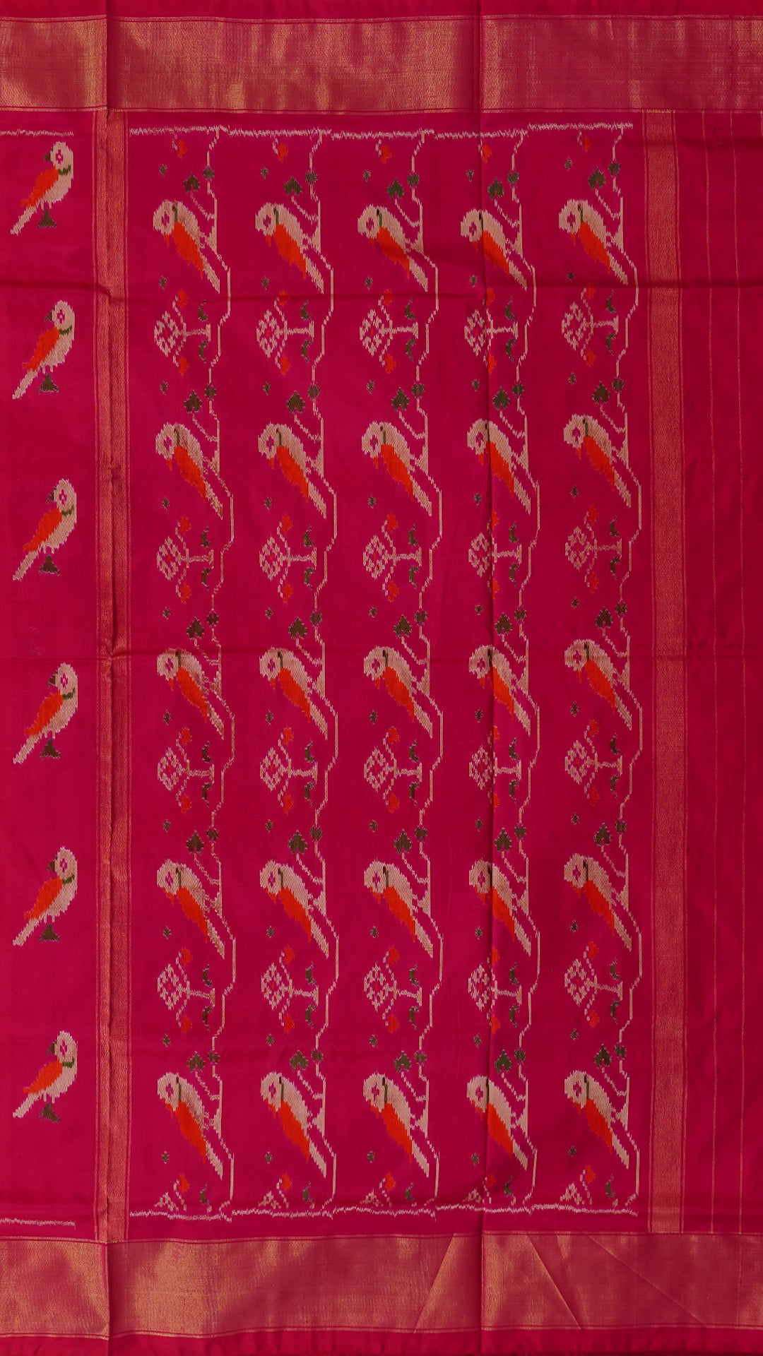 Bright Pink Ikkat Silk Saree Featuring Kaddi Zari Border