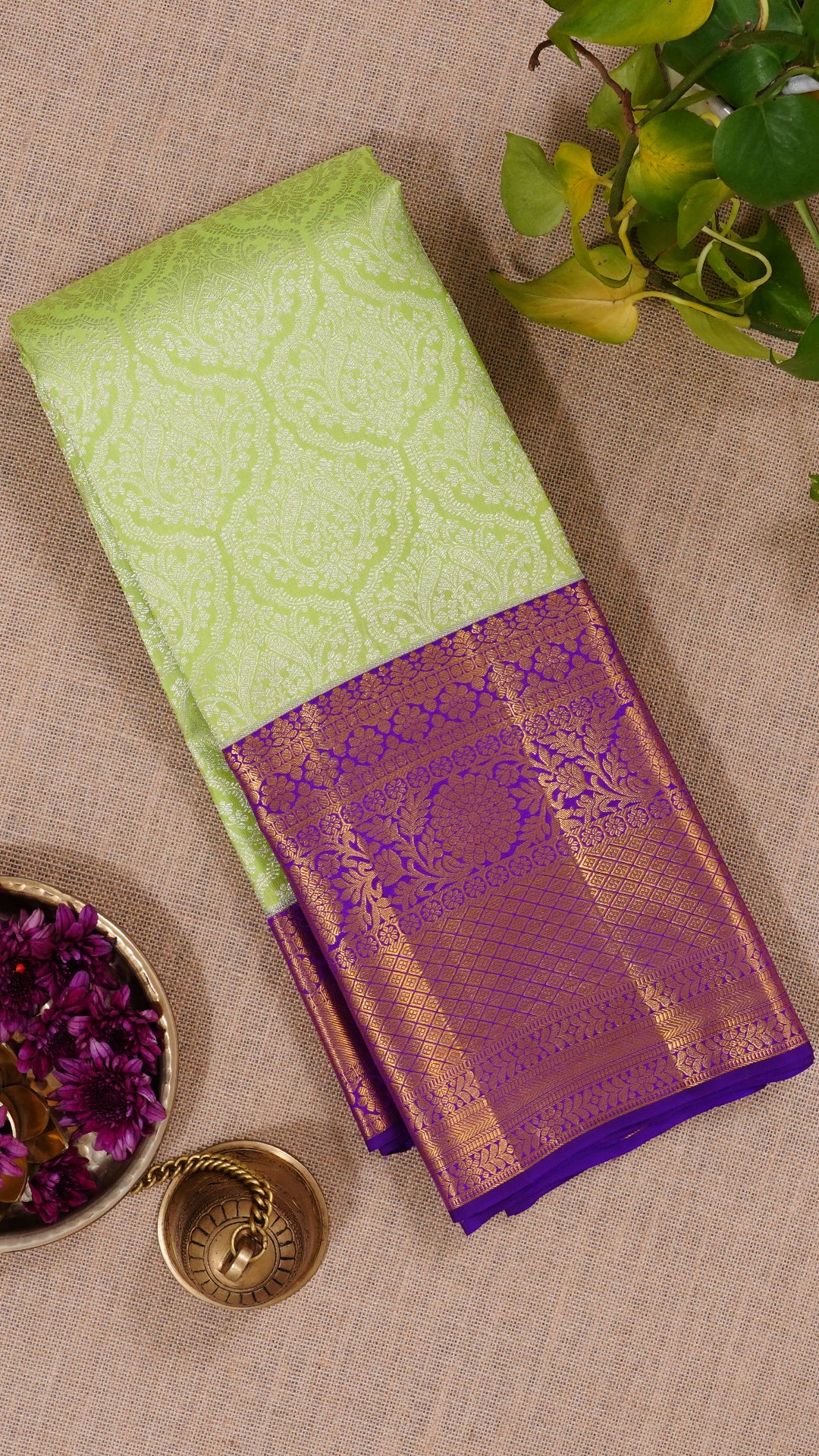 Parrot Green Kanchi Pattu Saree with Purple Contrast Border