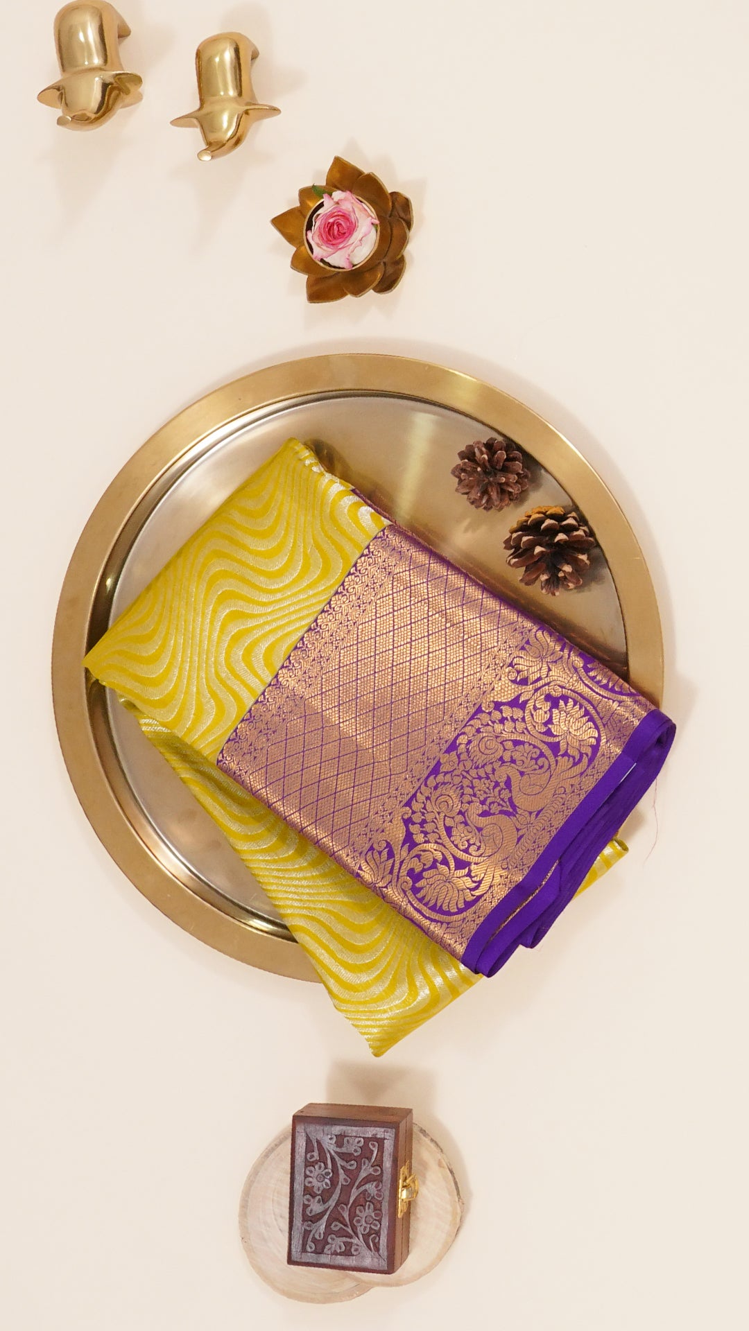 Yellow Kanchi Pattu Silk Saree with Large Gold Contrast Zari Border and Wave Pattern -