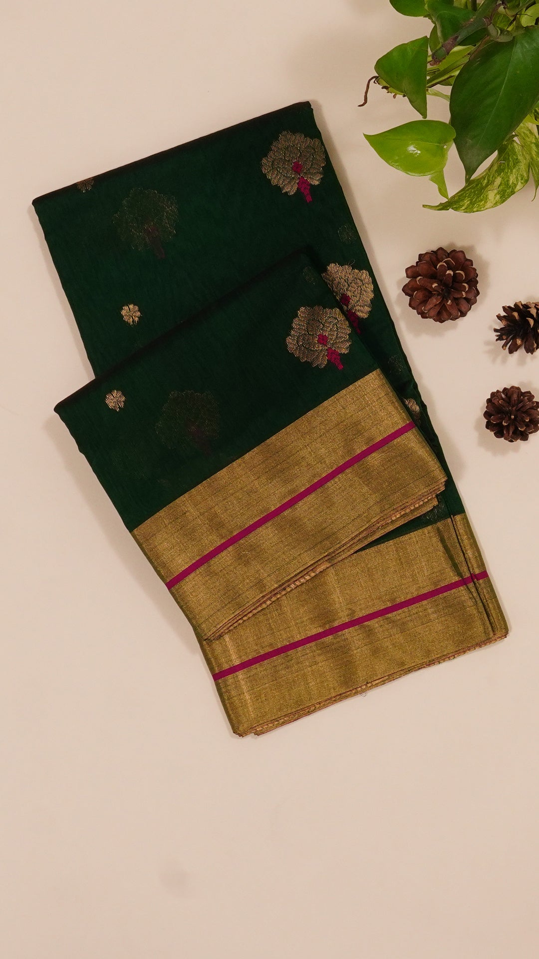 Bottle Green Chanderi Silk Saree with Gold Butta & Kadi Border