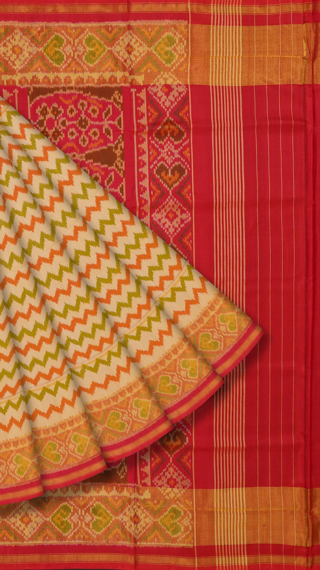 Cream Patola Silk Saree with Medium Red Zigzag Contrast Zari Border