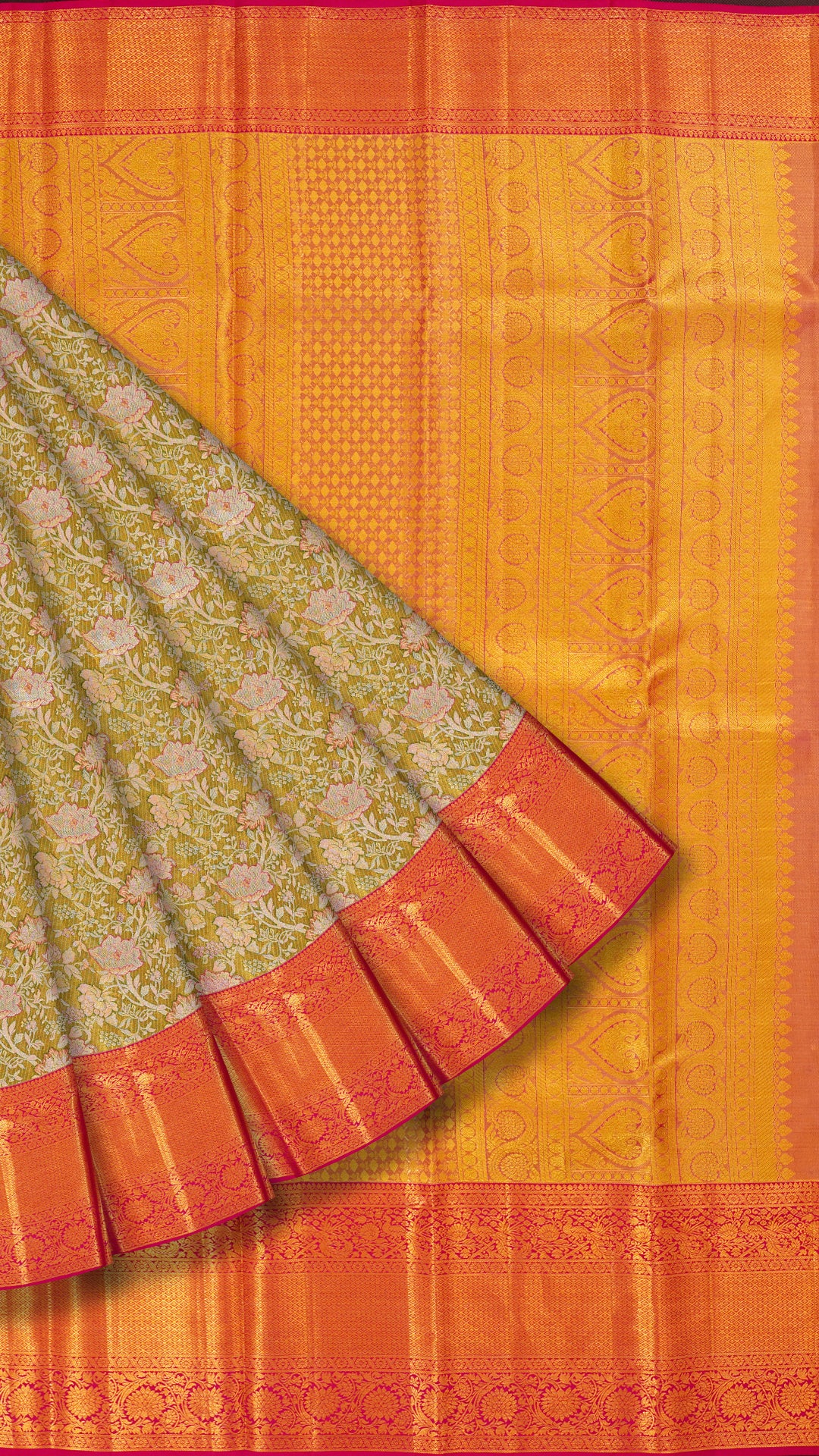 Sea Green Silk Saree with Pink Contrast and All Over Zari