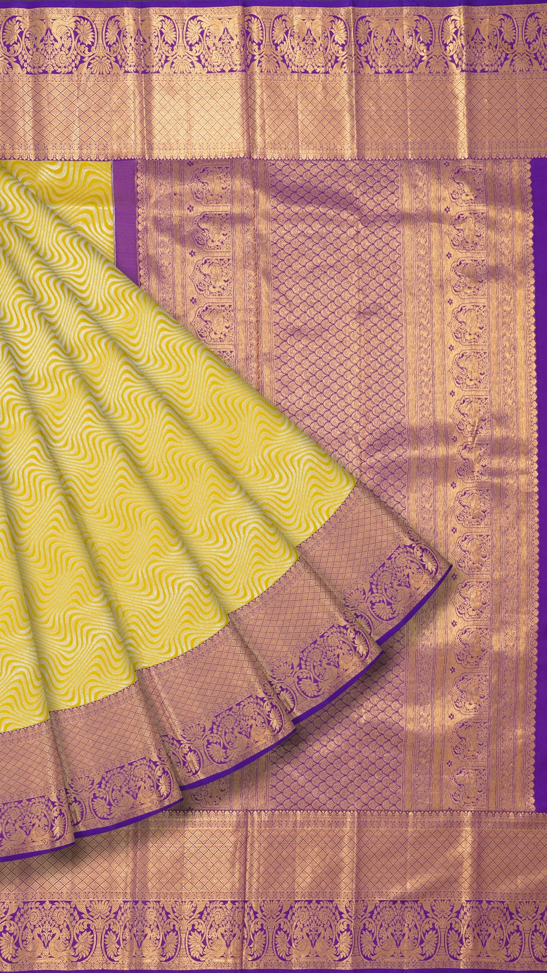 Yellow Kanchi Pattu Silk Saree with Large Gold Contrast Zari Border and Wave Pattern -