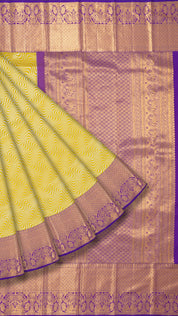 Yellow Kanchi Pattu Silk Saree with Large Gold Contrast Zari Border and Wave Pattern -