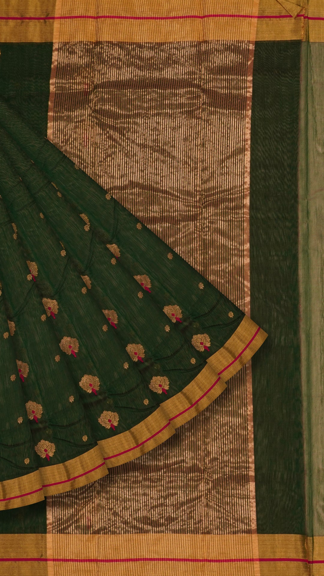 Bottle Green Chanderi Silk Saree with Gold Butta & Kadi Border