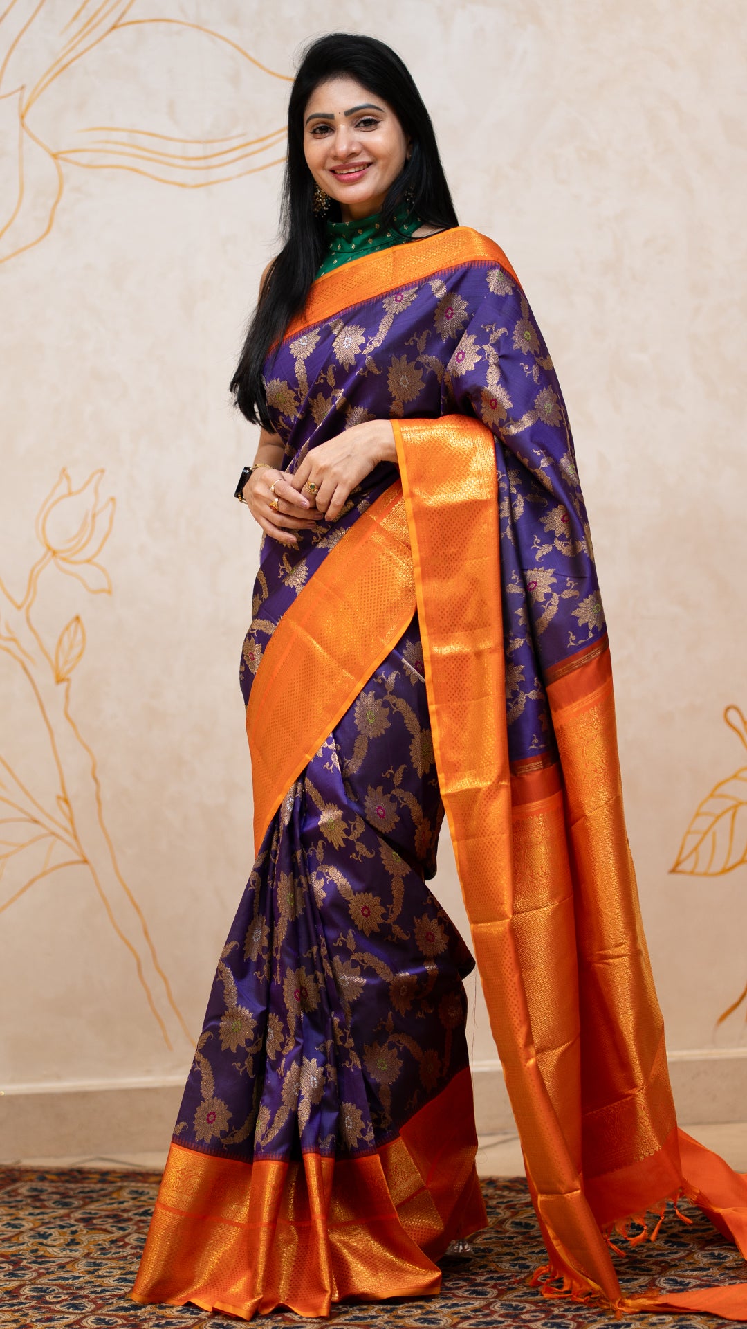 Navy Blue Kanchi Pattu Saree with Orange Zari Border