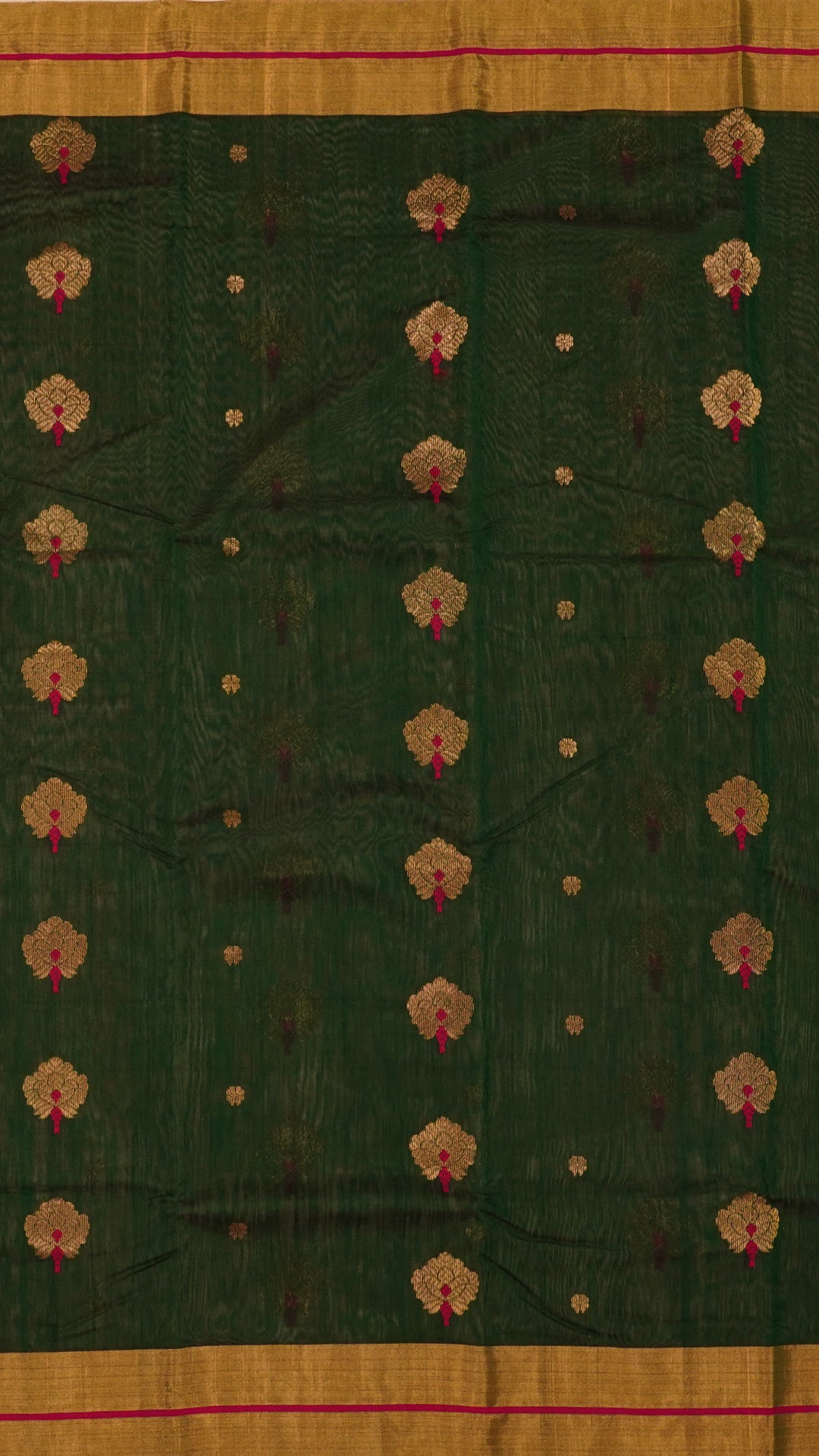 Bottle Green Chanderi Silk Saree with Gold Butta & Kadi Border